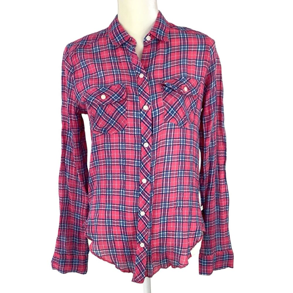 Abercrombie & Fitch Long Sleeve Button Shirt Top Pink Blue Gauze Plaid Women XS